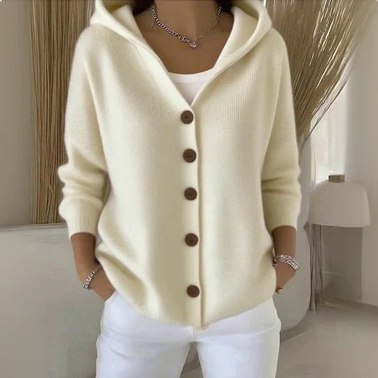 Women's hooded button-front knit cardigan in beige