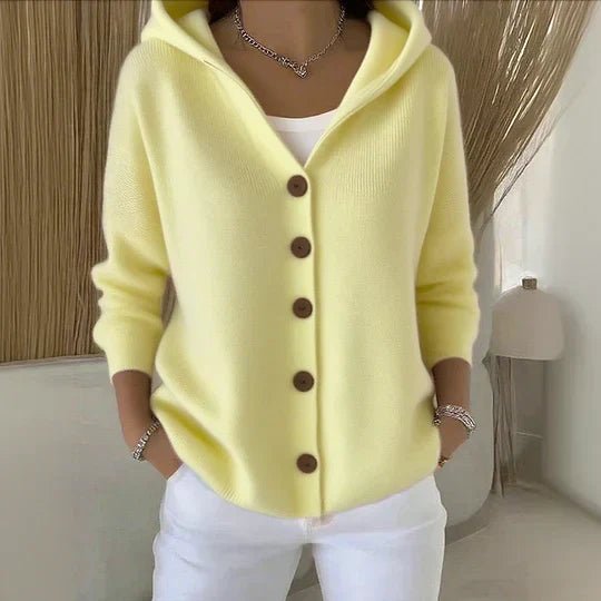 Women's hooded button-front knit cardigan in yellow