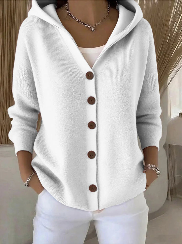 Women's hooded button-front knit cardigan in white