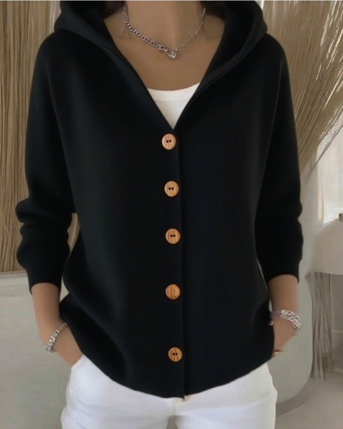 Women's hooded button-front knit cardigan in black