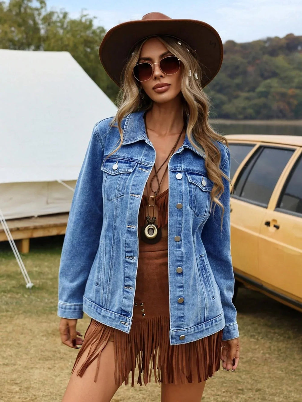 Relaxed Button-Front Denim Jacket Blue