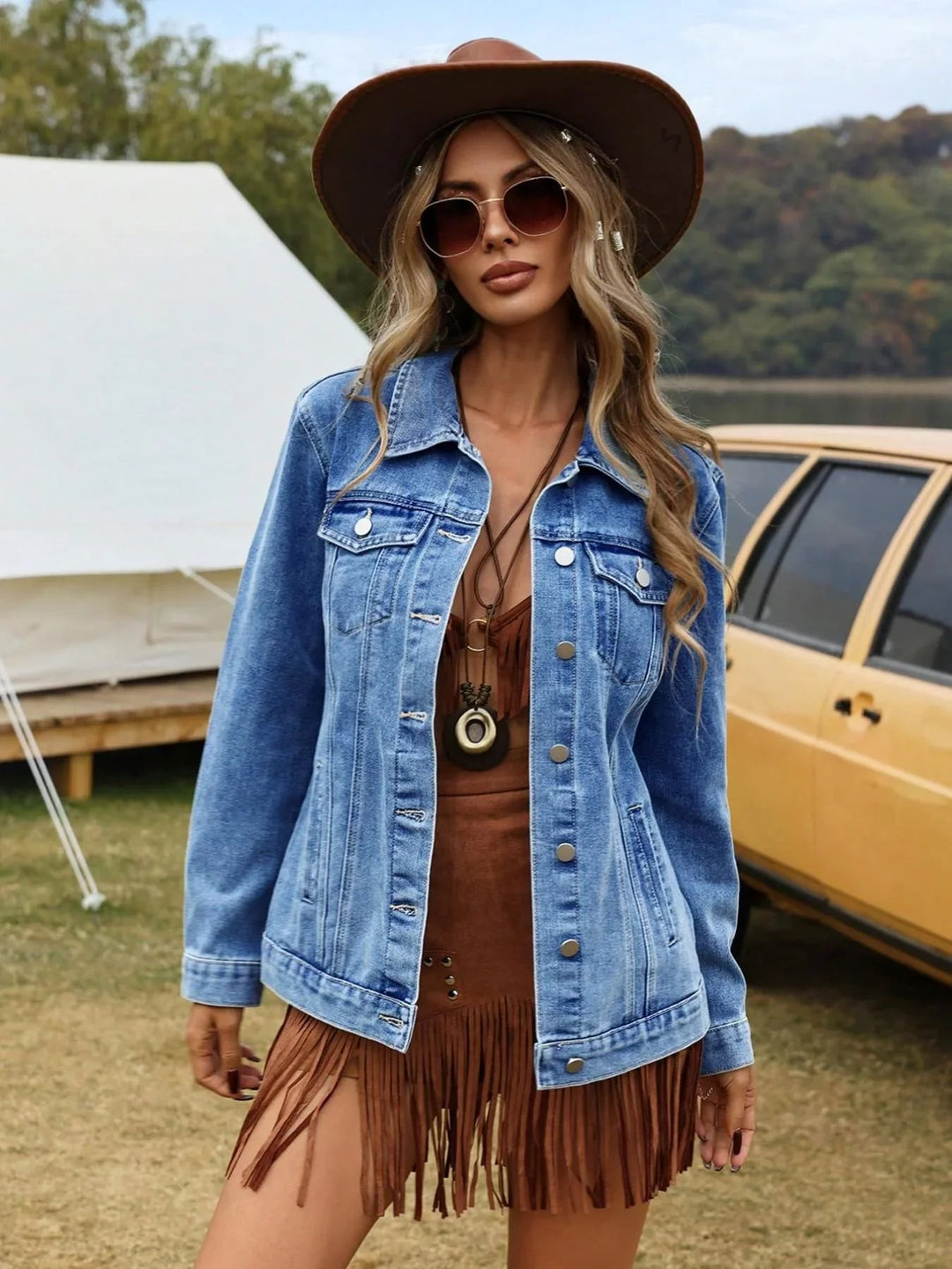 Relaxed Button-Front Denim Jacket Blue