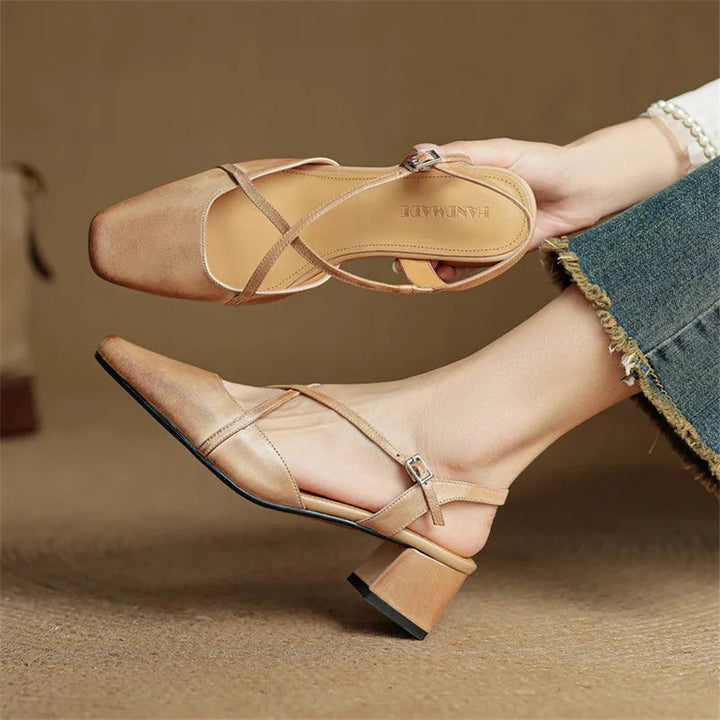 Beige square toe cross strap slingback block heel pumps for women