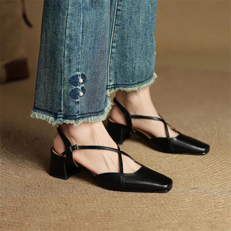 Black square toe cross strap slingback block heel pumps for women