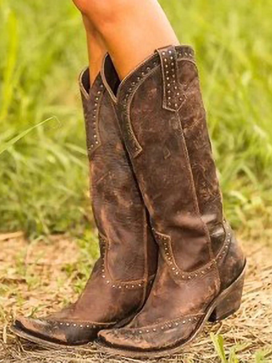 Brown studded knee-high cowboy boots for women