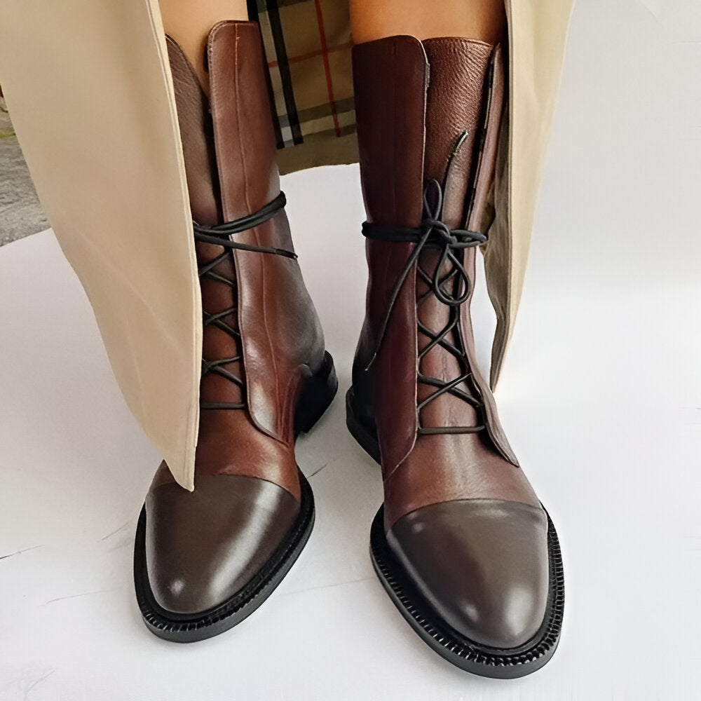 Brown lace-up ankle boots with polished toe cap for women
