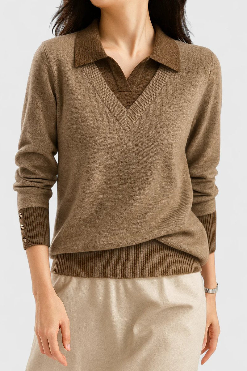 Women's Polo Collar V-Neck Knit Sweater - Brown