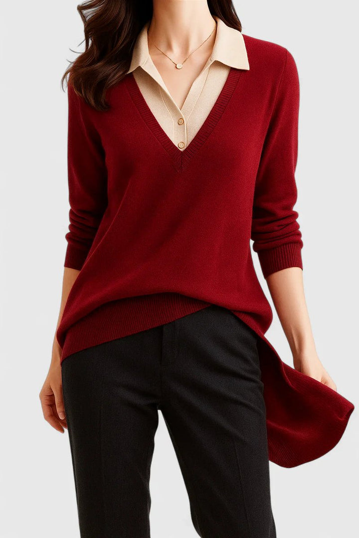 Women's Polo Collar V-Neck Knit Sweater - Red