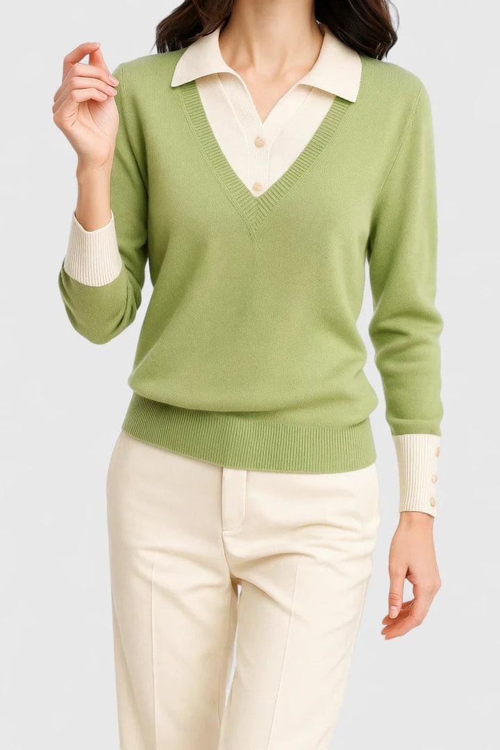 Women's Polo Collar V-Neck Knit Sweater - Lime