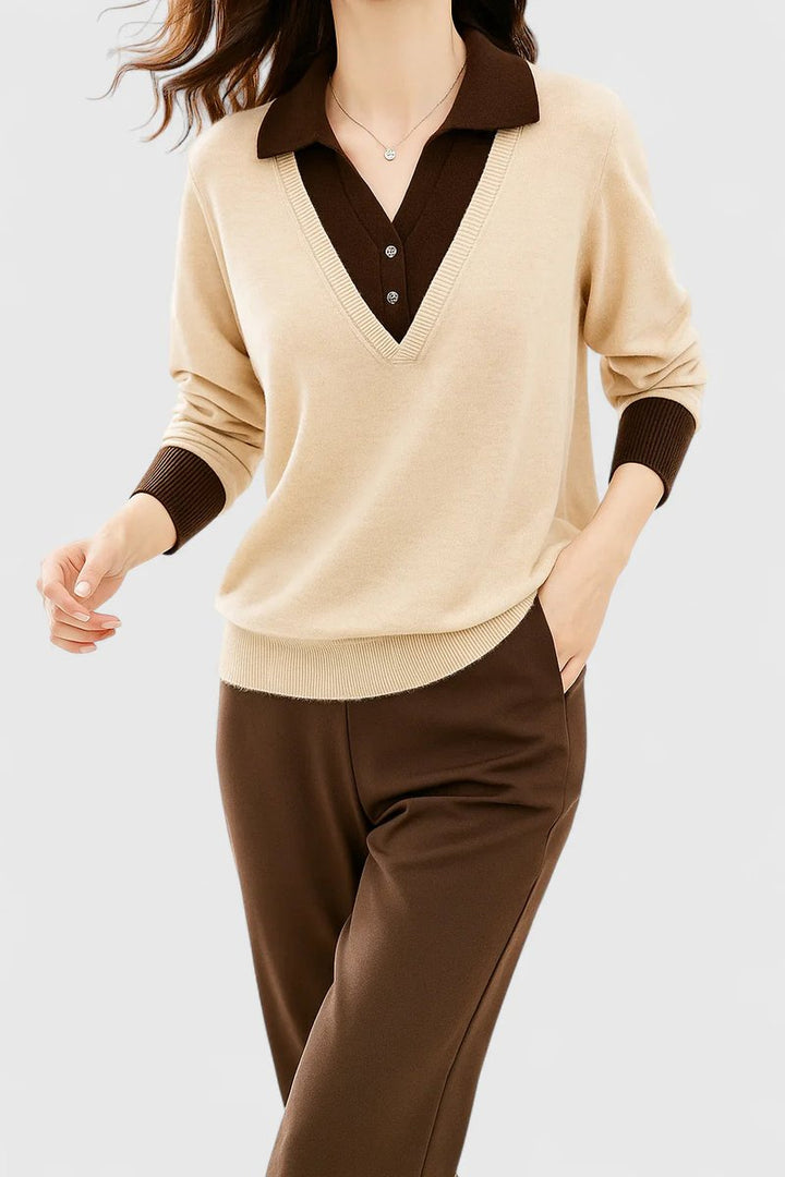 Women's Polo Collar V-Neck Knit Sweater - Beige