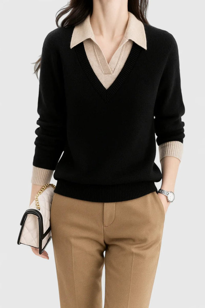 Women's Polo Collar V-Neck Knit Sweater - Black